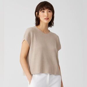 Eileen Fisher Organic Linen Knit Top L Beige Boxy Short Sleeve